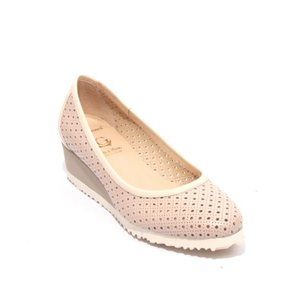 ITALIAN Beige Perforated Leather Patent Wedge Pump